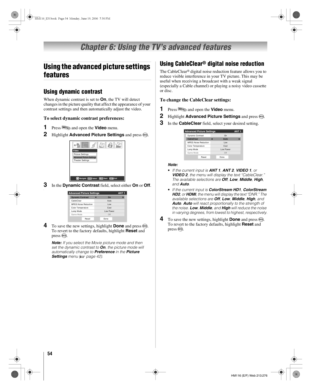 Toshiba 62HM116 Using the TV’s advanced features, Using the advanced picture settings features, Using dynamic contrast 