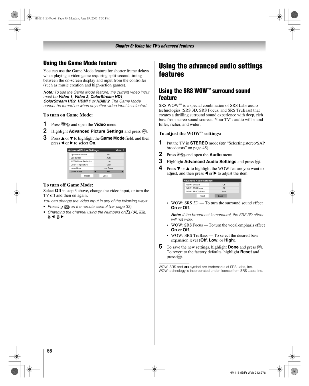 Toshiba 62HM116 manual Using the advanced audio settings features, Using the Game Mode feature 