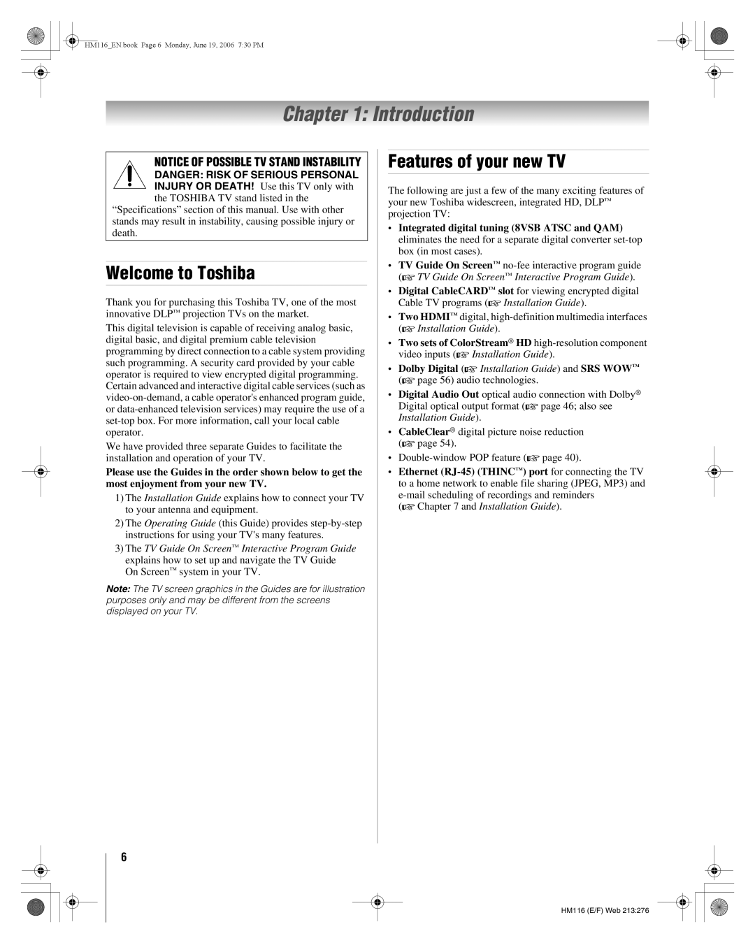 Toshiba 62HM116 manual Introduction, Welcome to Toshiba, Features of your new TV 