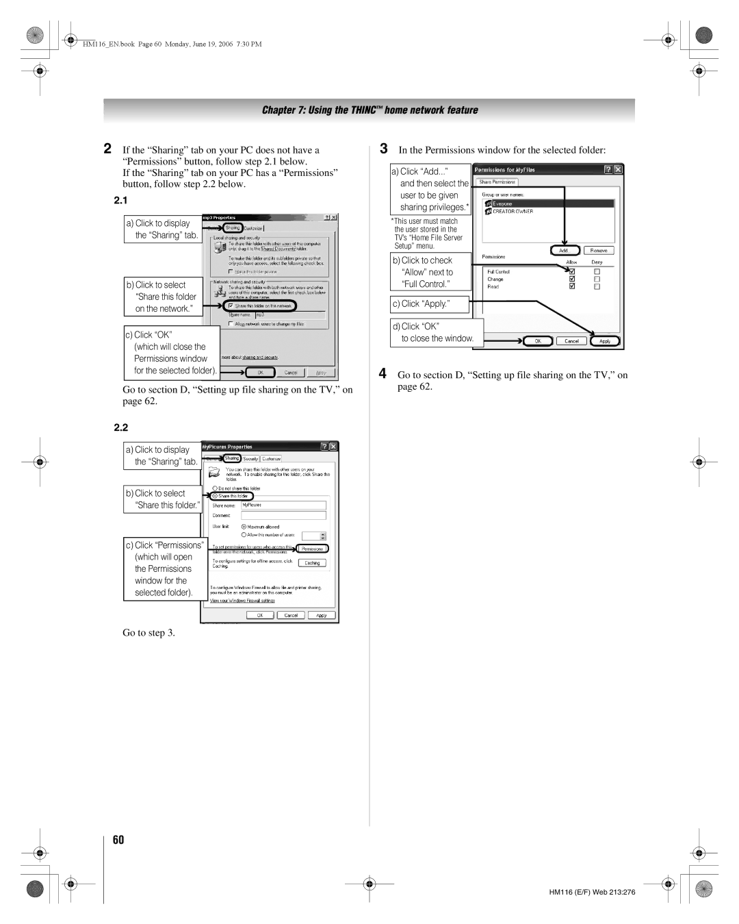 Toshiba 62HM116 manual Go to section D, Setting up file sharing on the TV, on, Permissions window for the selected folder 