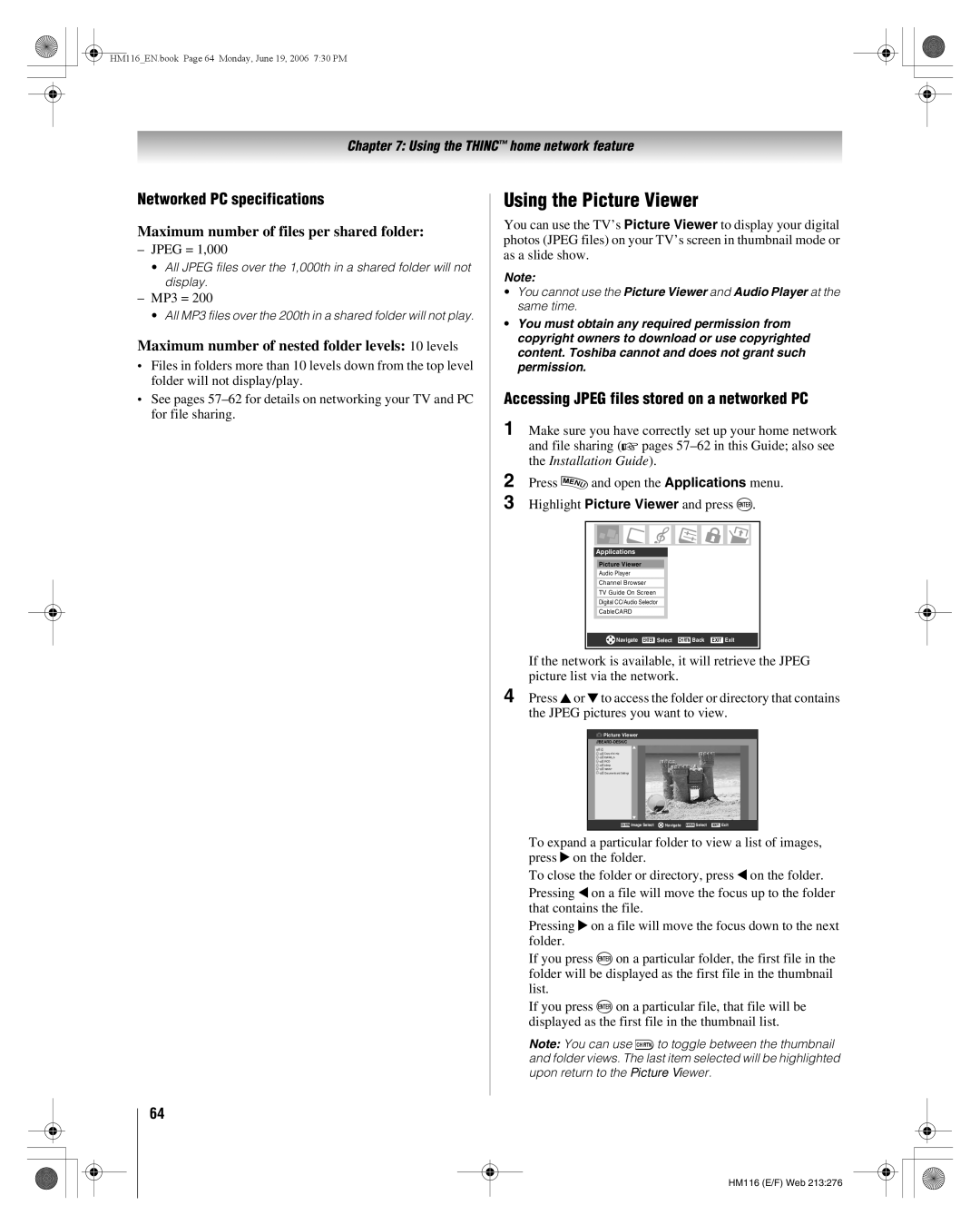 Toshiba 62HM116 manual Using the Picture Viewer, Networked PC specifications, Maximum number of files per shared folder 