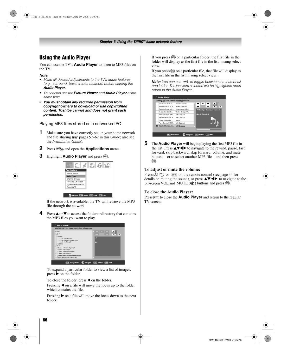 Toshiba 62HM116 manual Using the Audio Player, To adjust or mute the volume, To close the Audio Player 