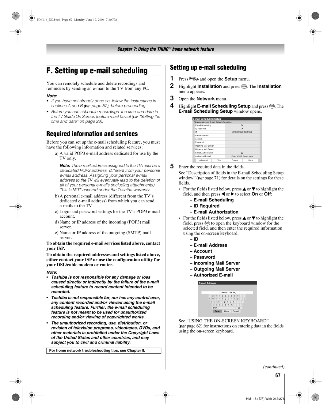 Toshiba 62HM116 manual Setting up e-mail scheduling, Required information and services, Mail Scheduling Setup window opens 