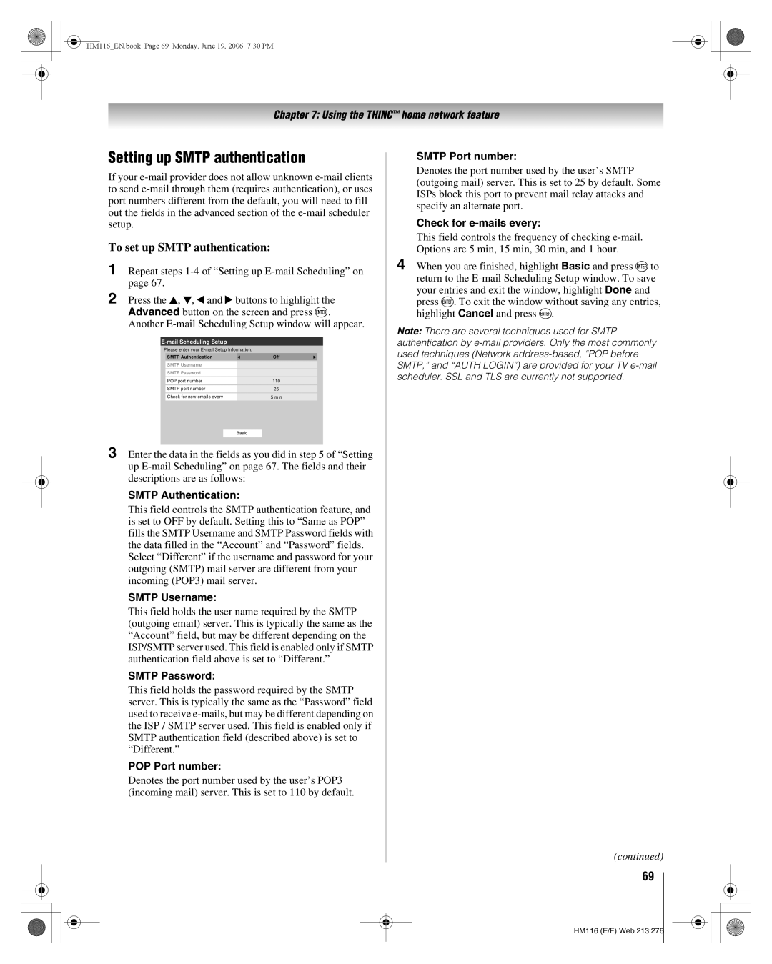 Toshiba 62HM116 manual Setting up Smtp authentication, To set up Smtp authentication 