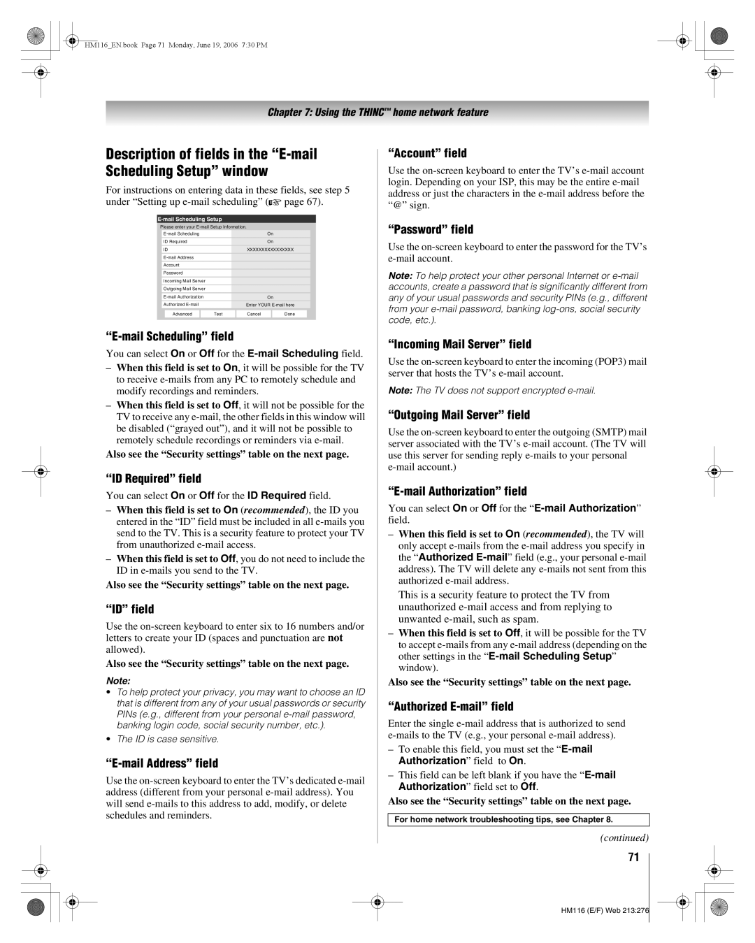 Toshiba 62HM116 Mail Scheduling field, ID Required field, ID field, Mail Address field, Account field, Password field 