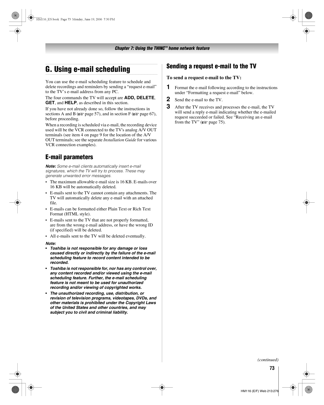 Toshiba 62HM116 manual Using e-mail scheduling, Mail parameters, Sending a request e-mail to the TV 