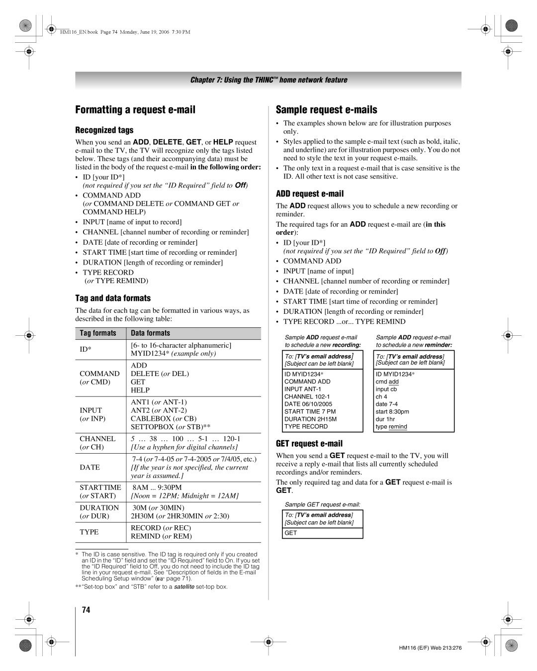 Toshiba 62HM116 manual Formatting a request e-mail, Sample request e-mails 