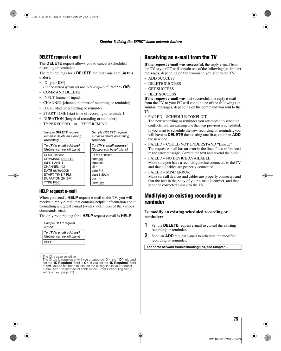 Toshiba 62HM116 manual Receiving an e-mail from the TV, Modifying an existing recording or reminder, Delete request e-mail 