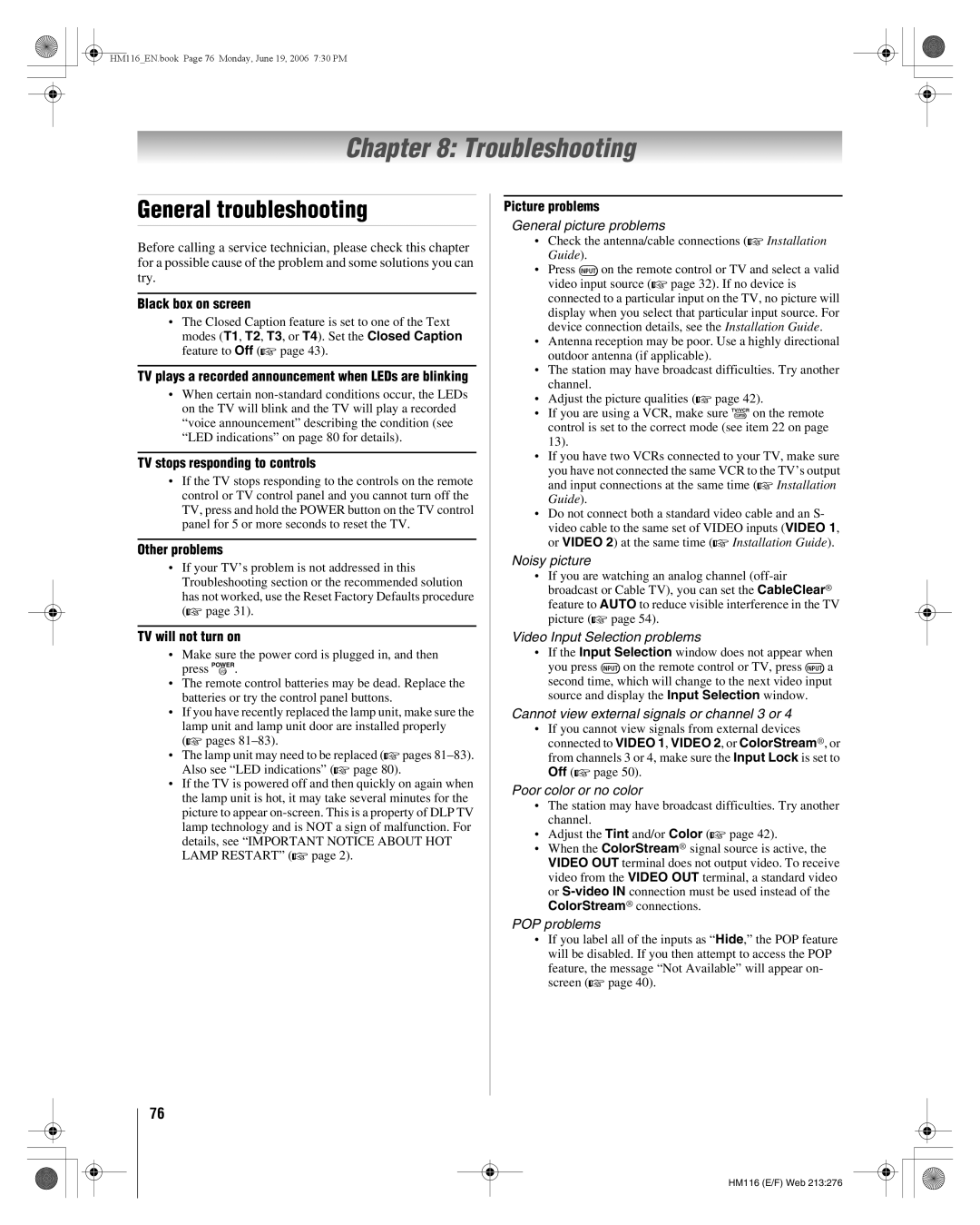 Toshiba 62HM116 manual Troubleshooting, General troubleshooting 