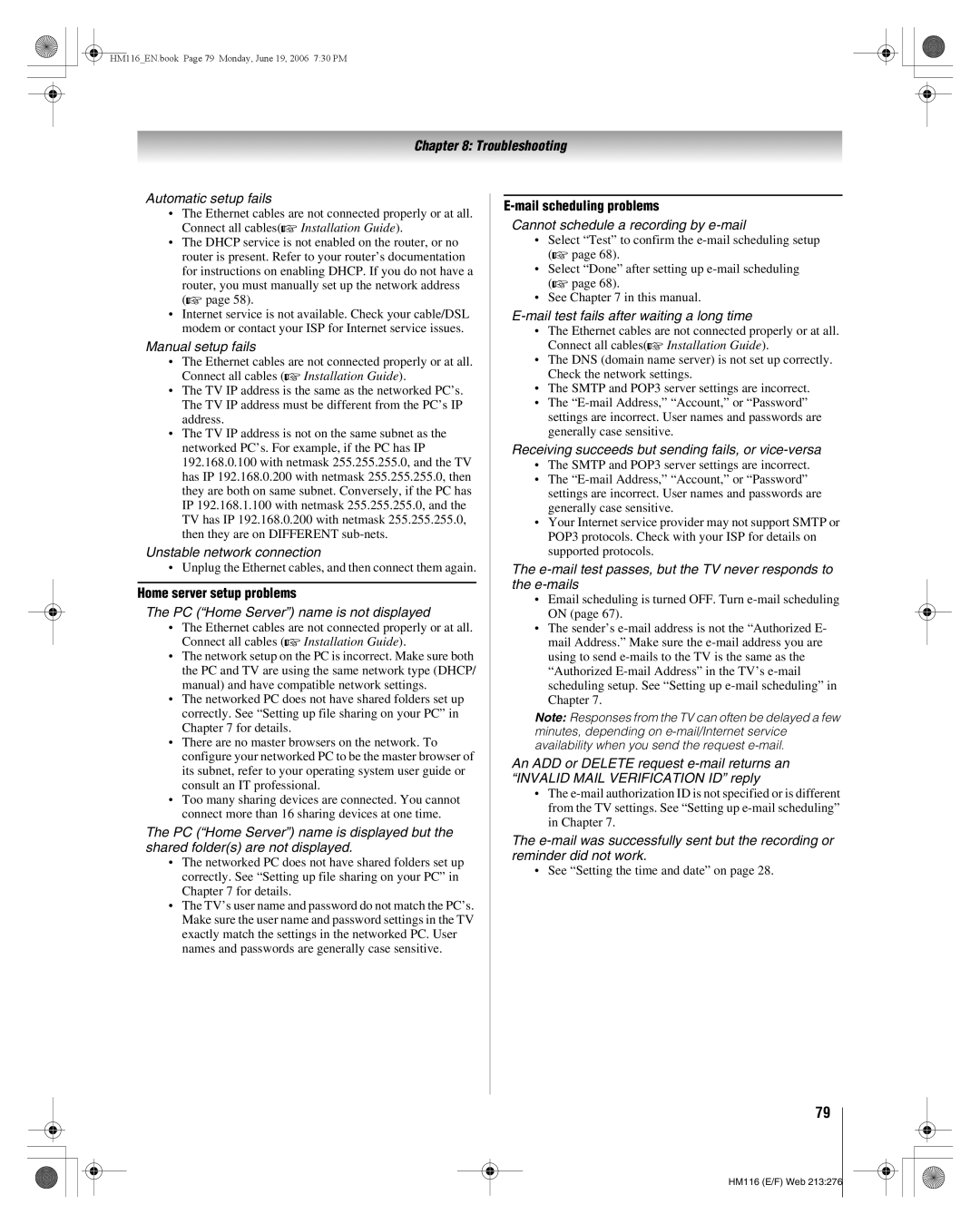 Toshiba 62HM116 manual Unplug the Ethernet cables, and then connect them again, Home server setup problems 