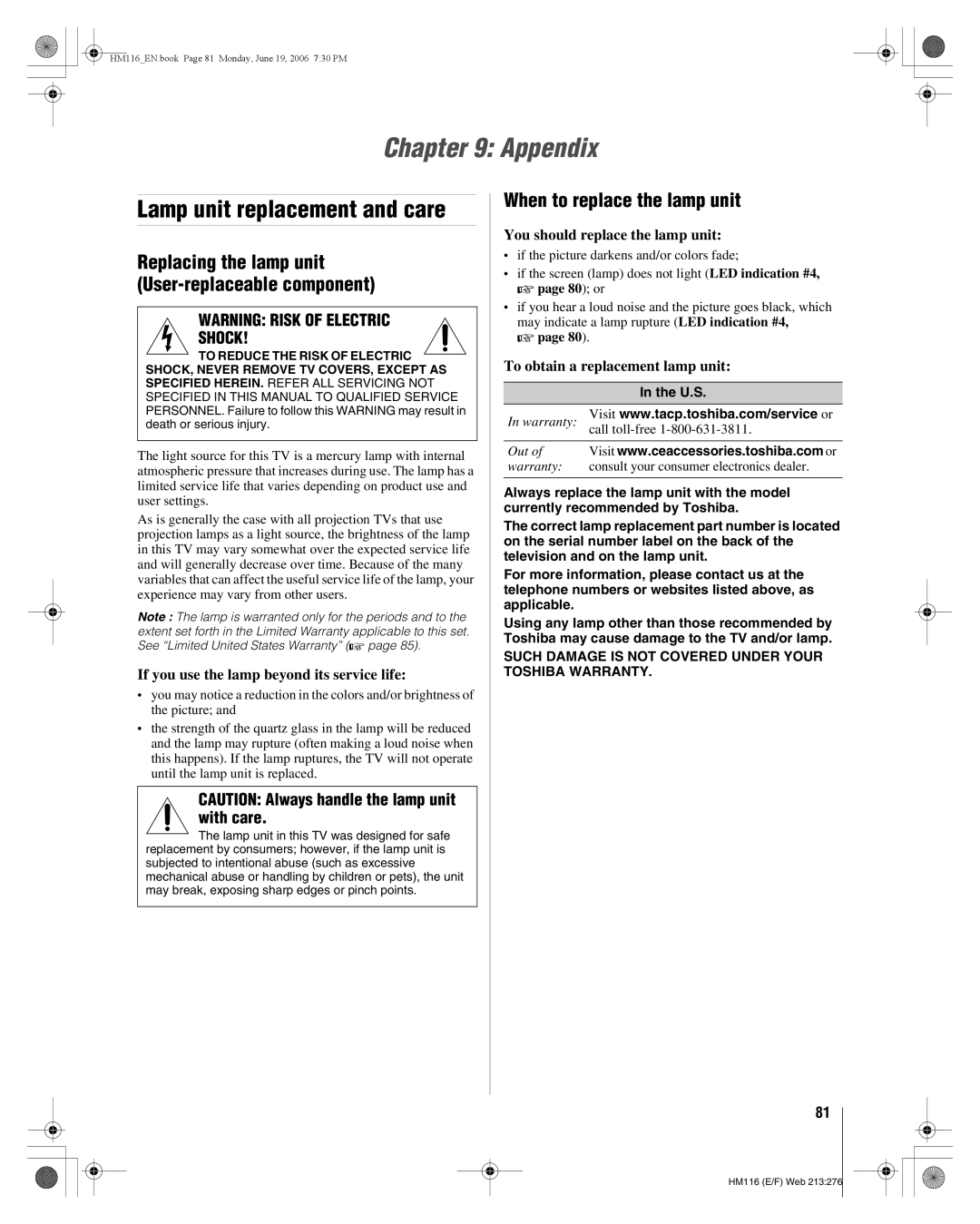 Toshiba 62HM116 manual Appendix, Lamp unit replacement and care, When to replace the lamp unit 