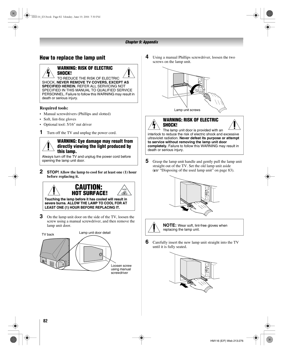 Toshiba 62HM116 manual How to replace the lamp unit, Required tools 