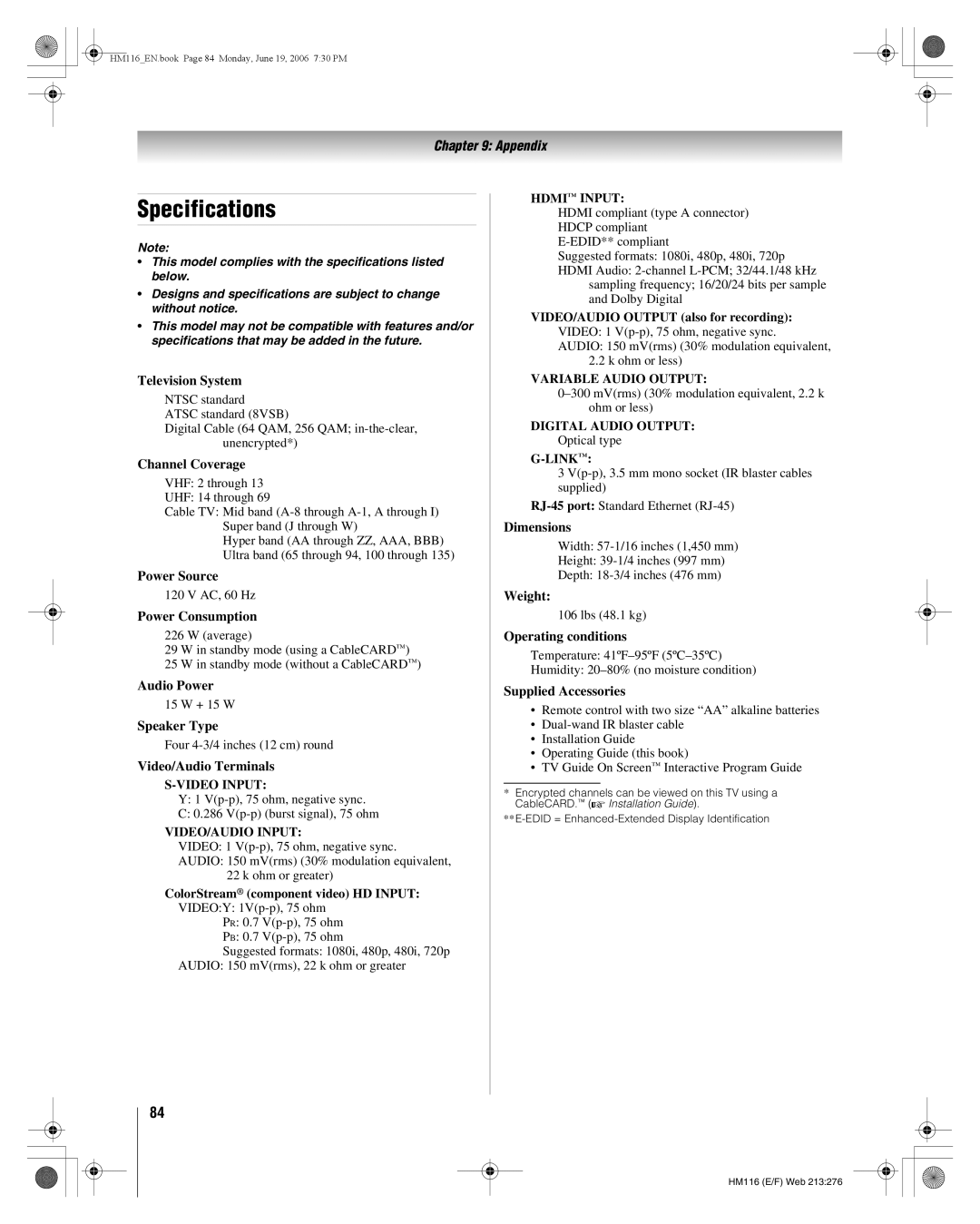 Toshiba 62HM116 manual Specifications 