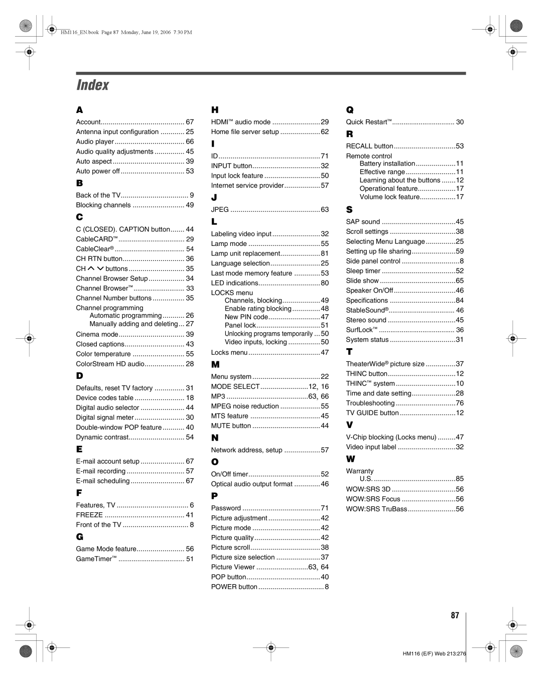 Toshiba 62HM116 manual Index, Freeze 