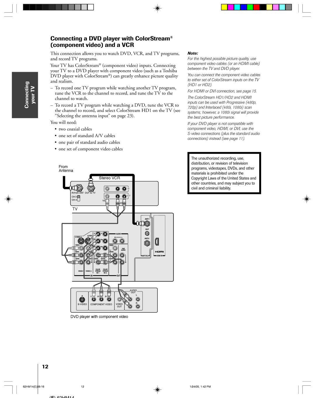 Toshiba 62HM14, DLPTM owner manual From Antenna Stereo VCR 