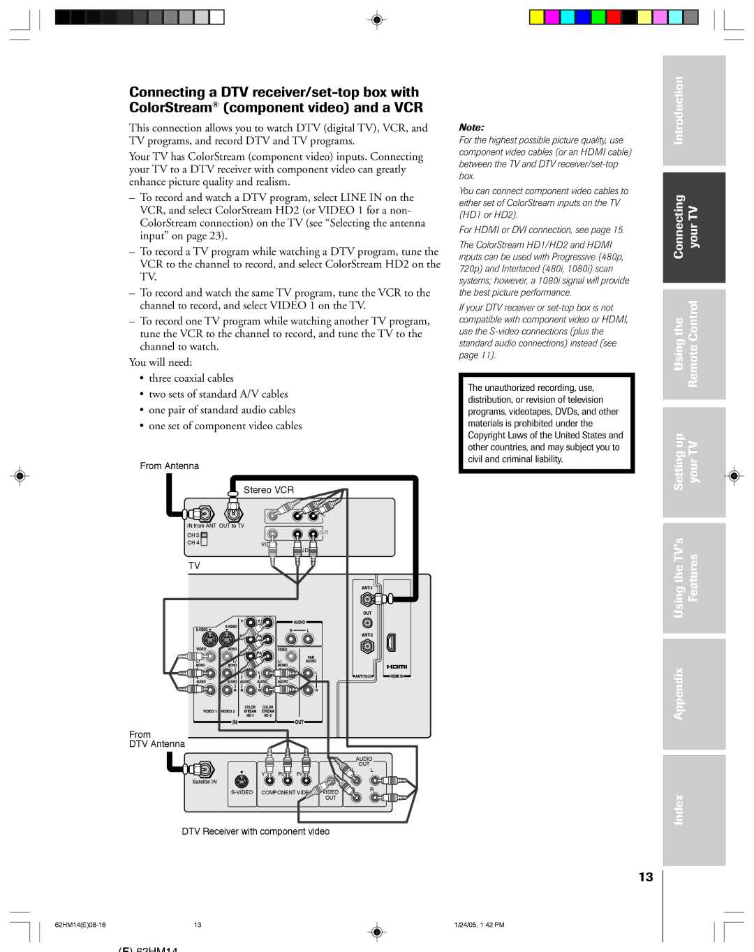 Toshiba DLPTM, 62HM14 owner manual From DTV Antenna 