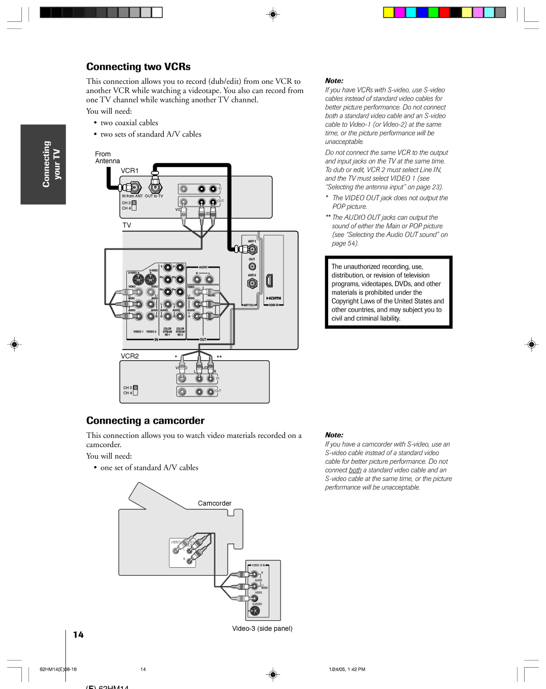 Toshiba 62HM14, DLPTM owner manual Connecting two VCRs, Connecting a camcorder 