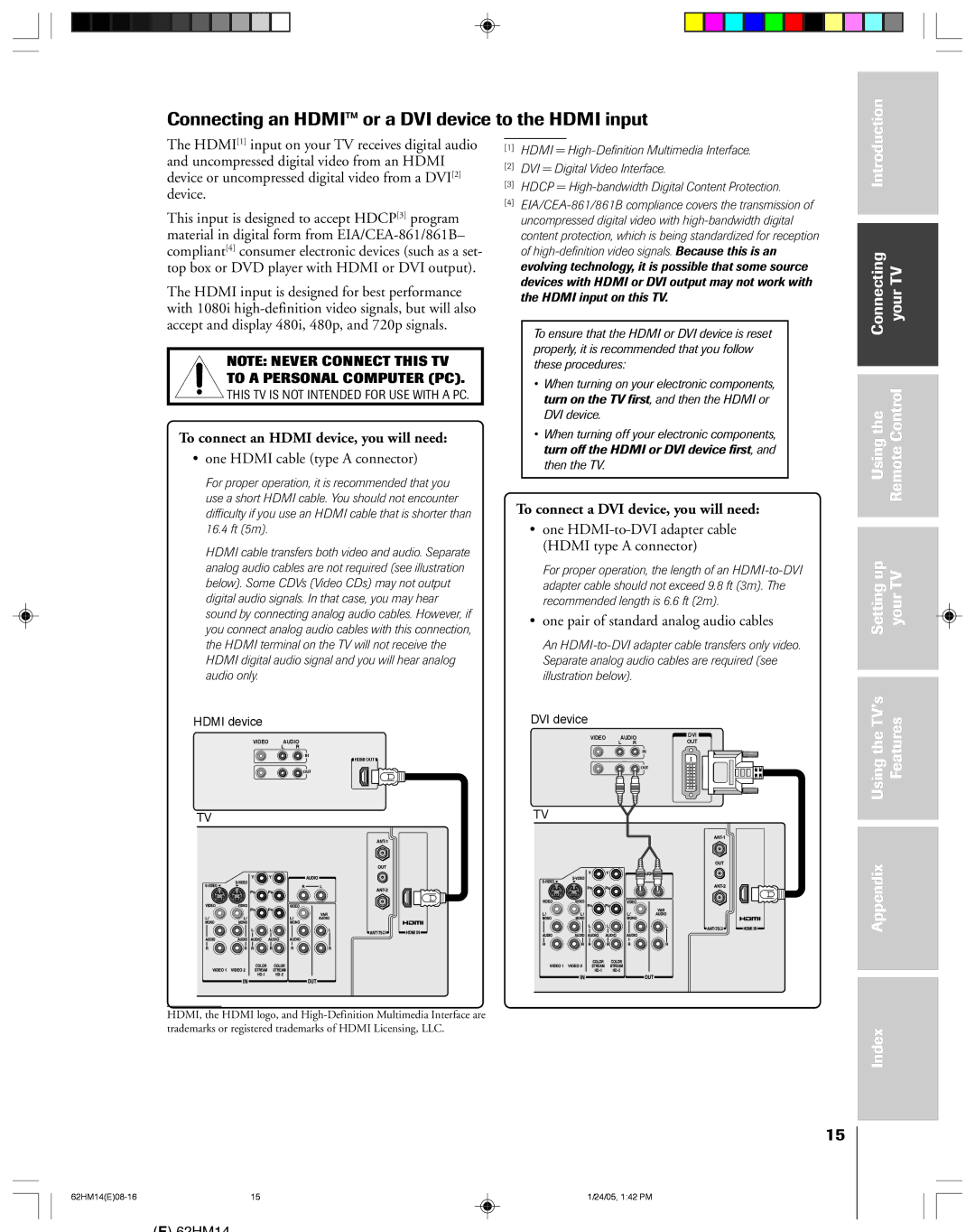 Toshiba DLPTM, 62HM14 owner manual One Hdmi cable type a connector, One pair of standard analog audio cables 