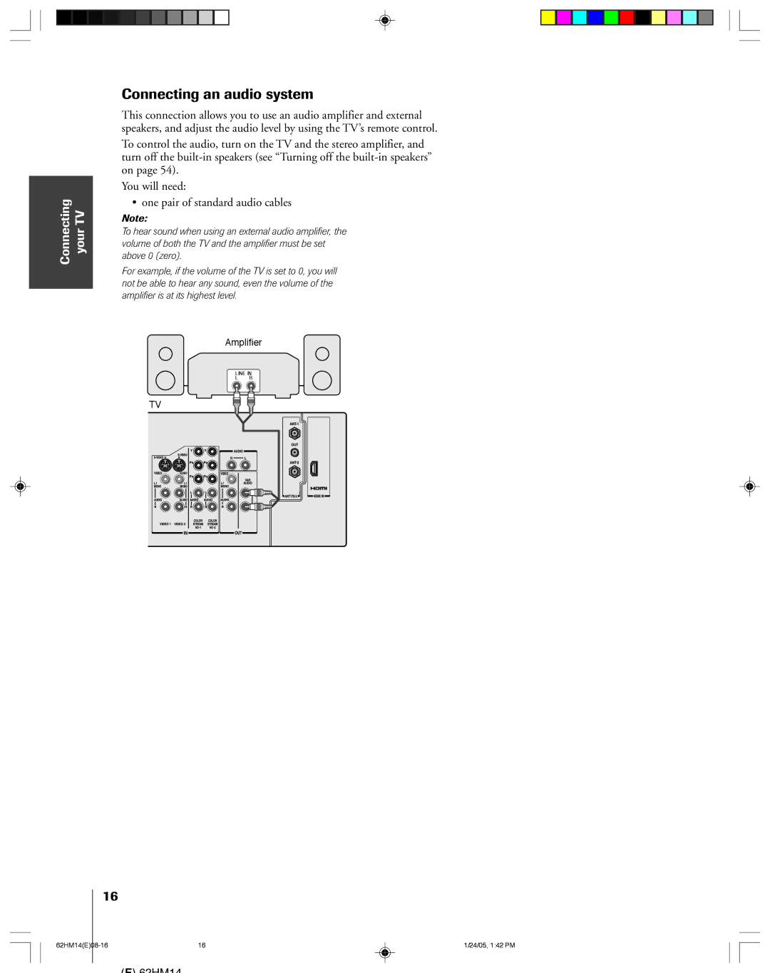 Toshiba 62HM14, DLPTM owner manual Connecting an audio system 