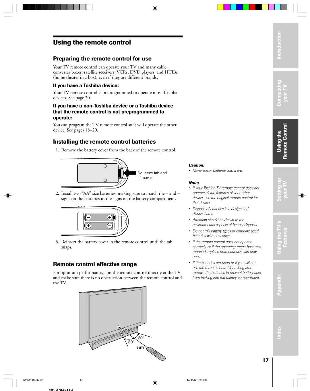 Toshiba DLPTM Using the remote control, Preparing the remote control for use, Installing the remote control batteries 