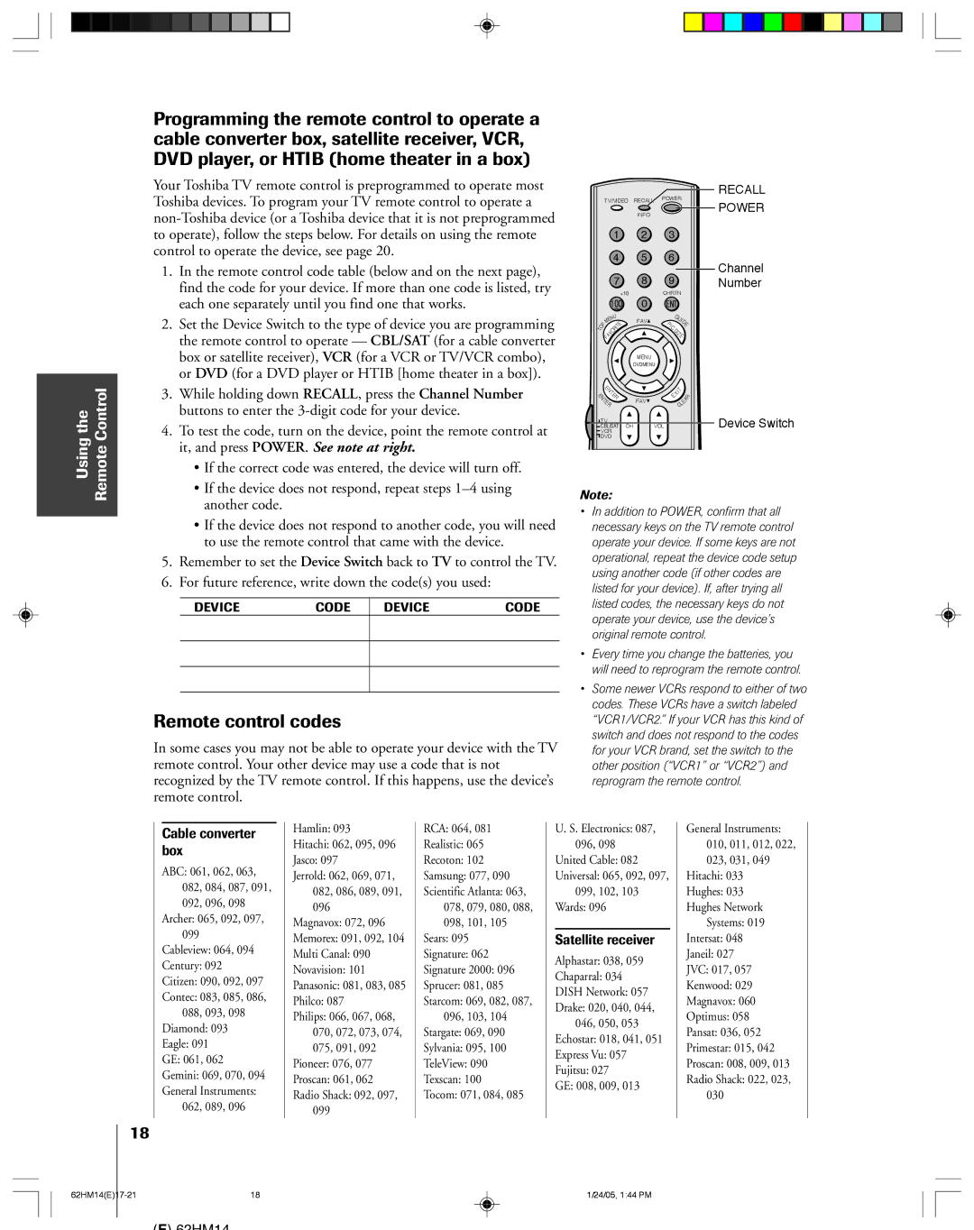 Toshiba 62HM14, DLPTM owner manual Remote control codes, Using the Remote Control 