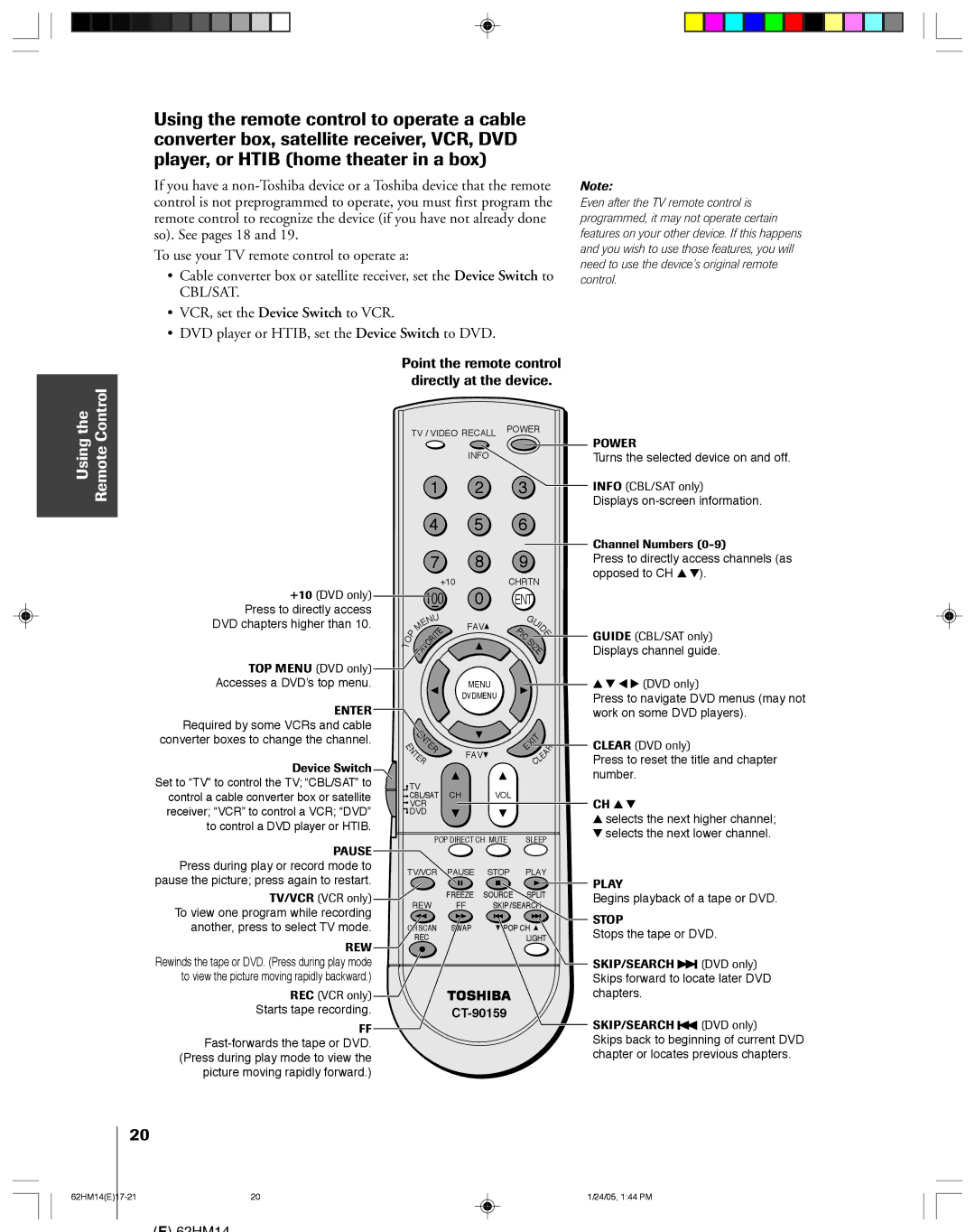 Toshiba 62HM14, DLPTM owner manual Point the remote control Directly at the device, CT-90159 