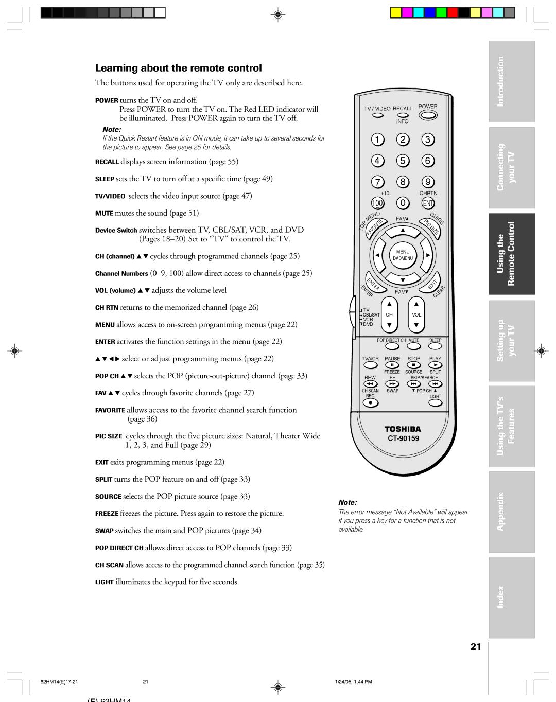 Toshiba DLPTM, 62HM14 owner manual Learning about the remote control, Connecting YourTV Control 