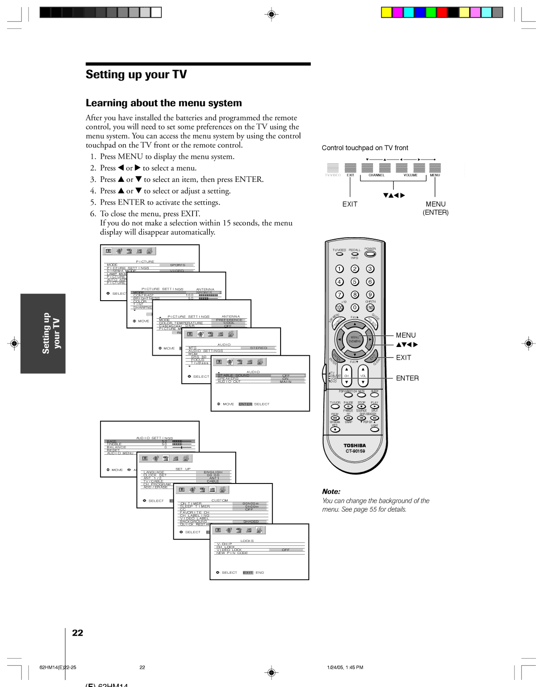 Toshiba 62HM14, DLPTM owner manual Setting up your TV, Learning about the menu system 