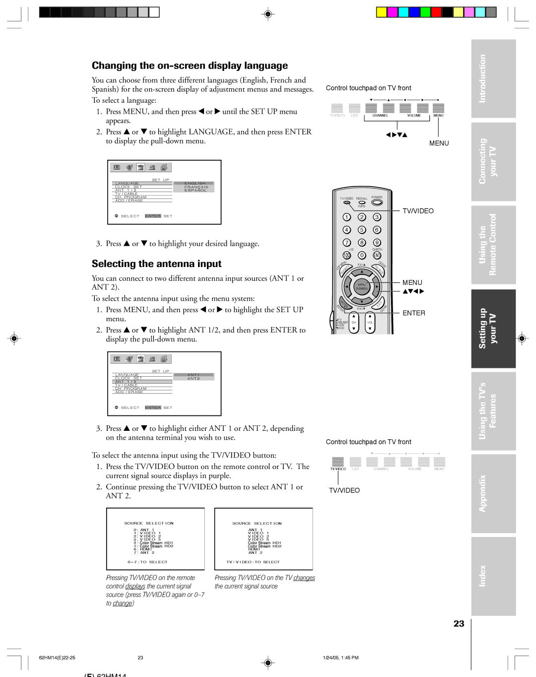 Toshiba DLPTM, 62HM14 owner manual Changing the on-screen display language, Selecting the antenna input 