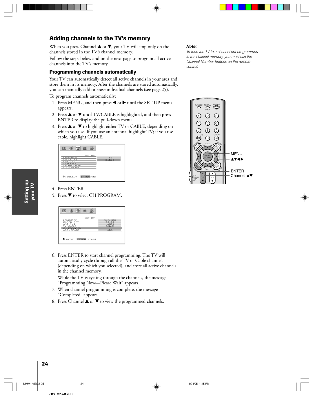 Toshiba 62HM14 Adding channels to the TV’s memory, Programming channels automatically, To program channels automatically 