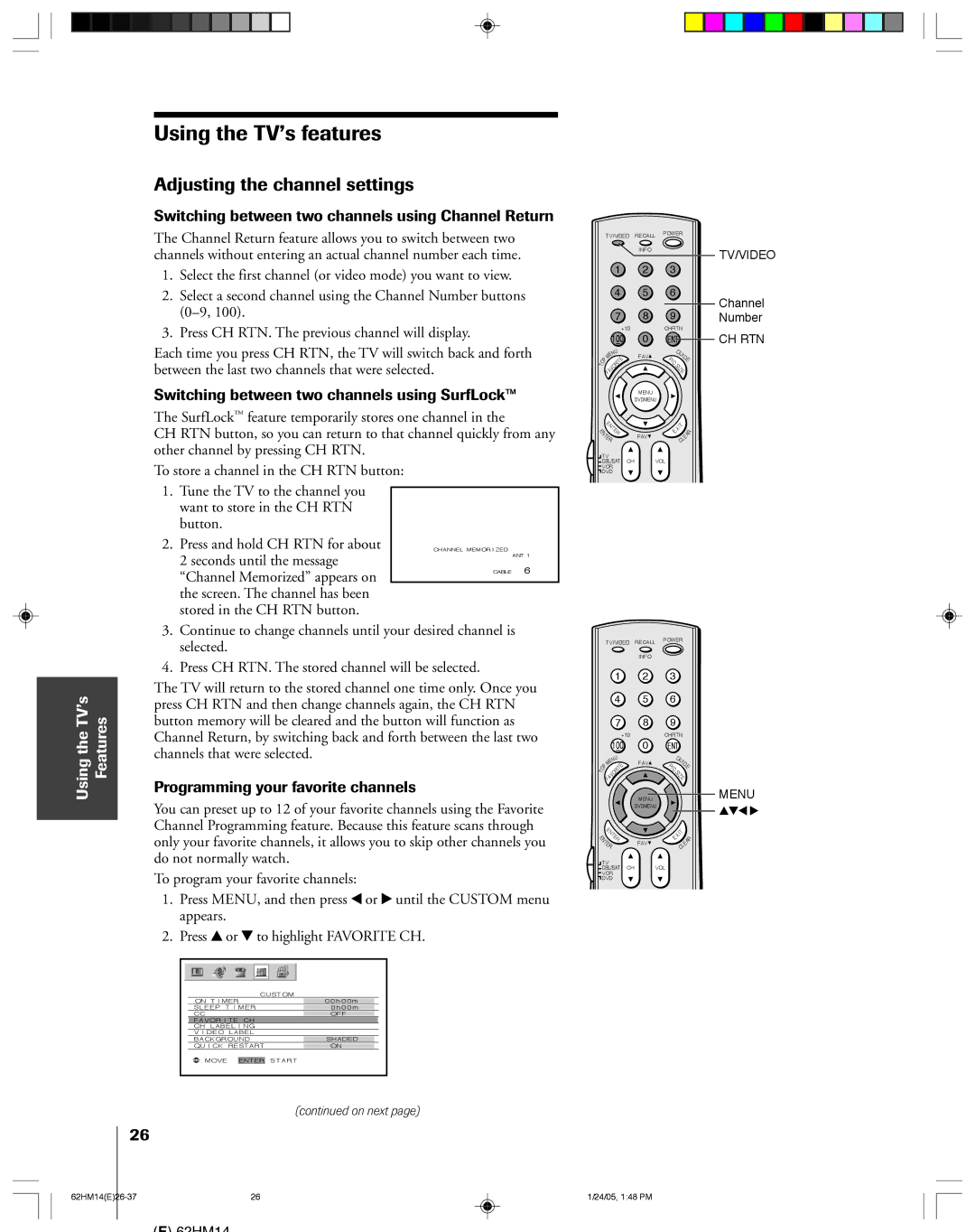 Toshiba 62HM14, DLPTM owner manual Using the TV’s features, Adjusting the channel settings, Using the TV’s Features 