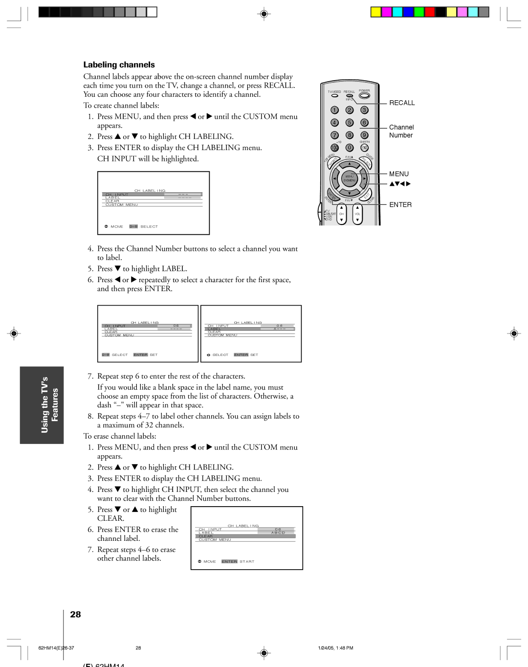 Toshiba 62HM14, DLPTM owner manual Labeling channels, Press z or y to highlight, Clear 