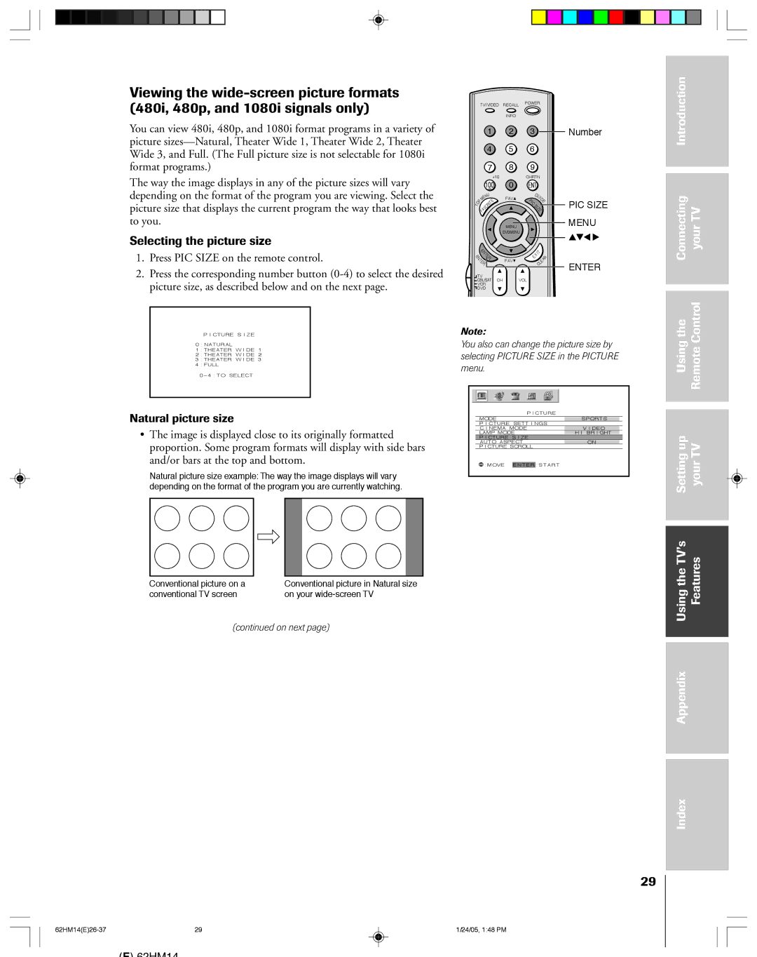 Toshiba DLPTM, 62HM14 Selecting the picture size, Connecting yourTV, Usingthe RemoteControl Settingup YourTV TheTV’s 