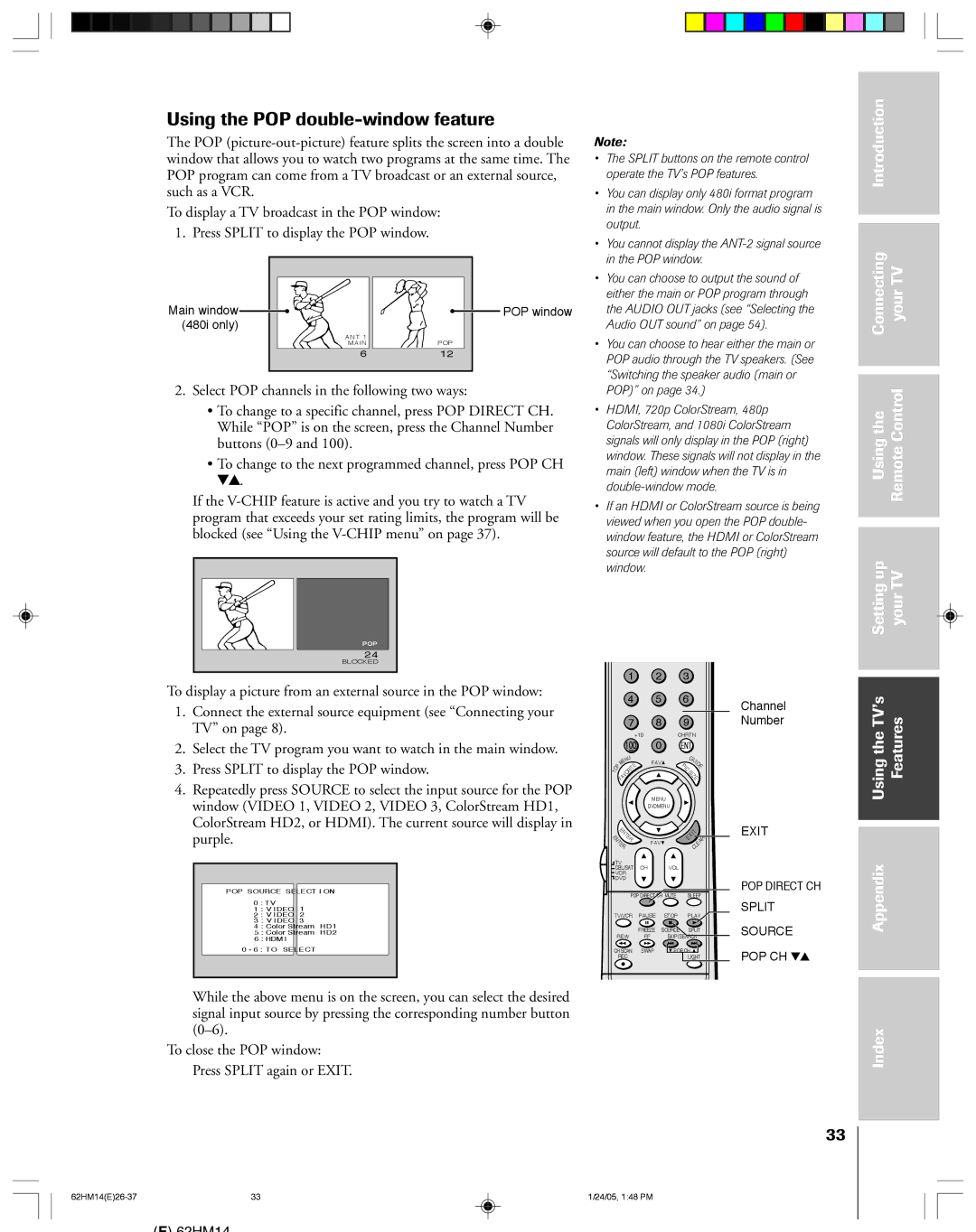 Toshiba DLPTM, 62HM14 owner manual Using the POP double-window feature, UsingtheTV’s Features 