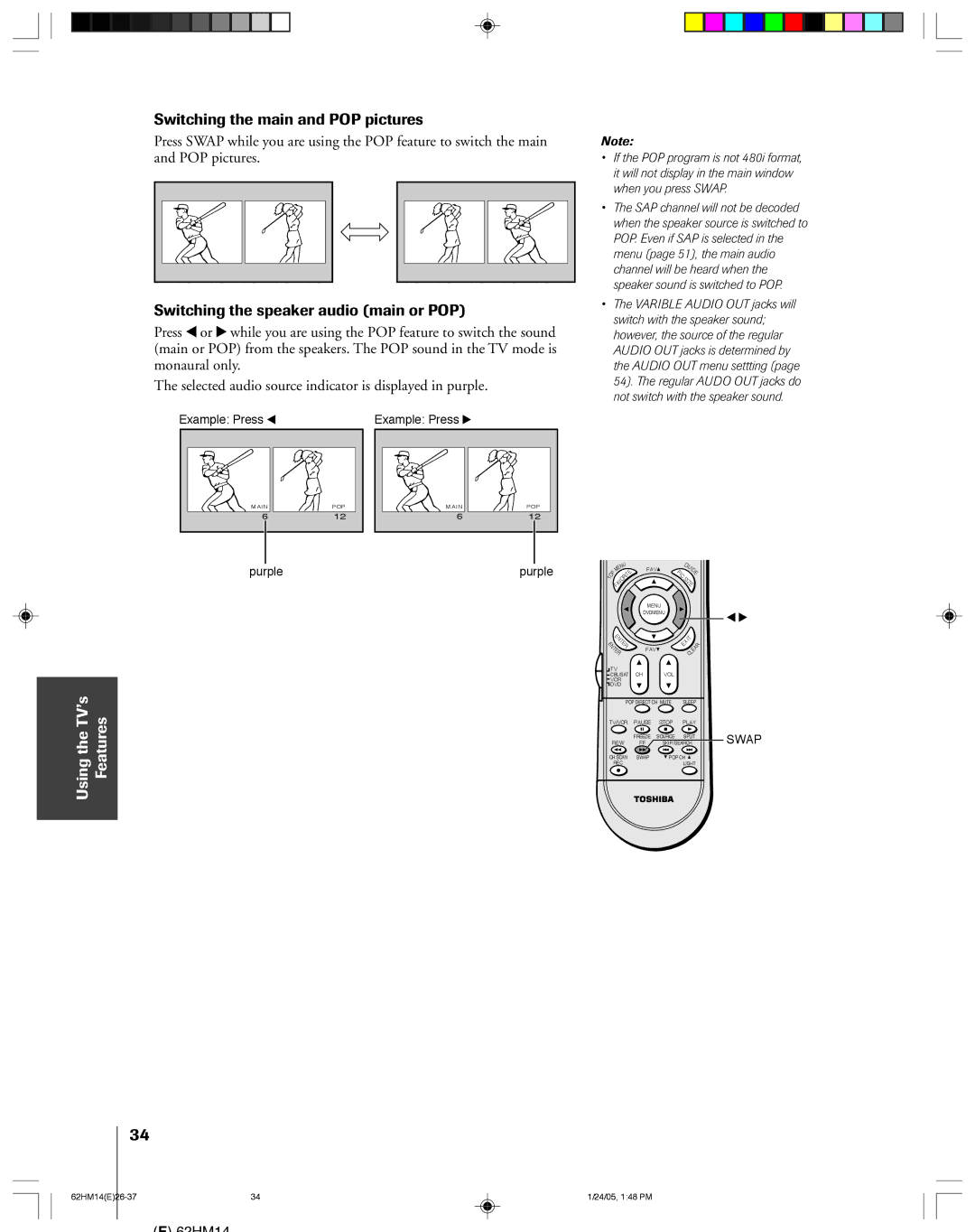 Toshiba 62HM14, DLPTM owner manual Switching the main and POP pictures, Switching the speaker audio main or POP 