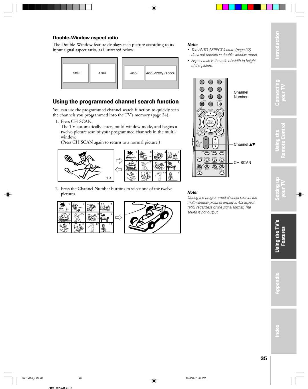 Toshiba DLPTM, 62HM14 owner manual Using the programmed channel search function, Double-Window aspect ratio 