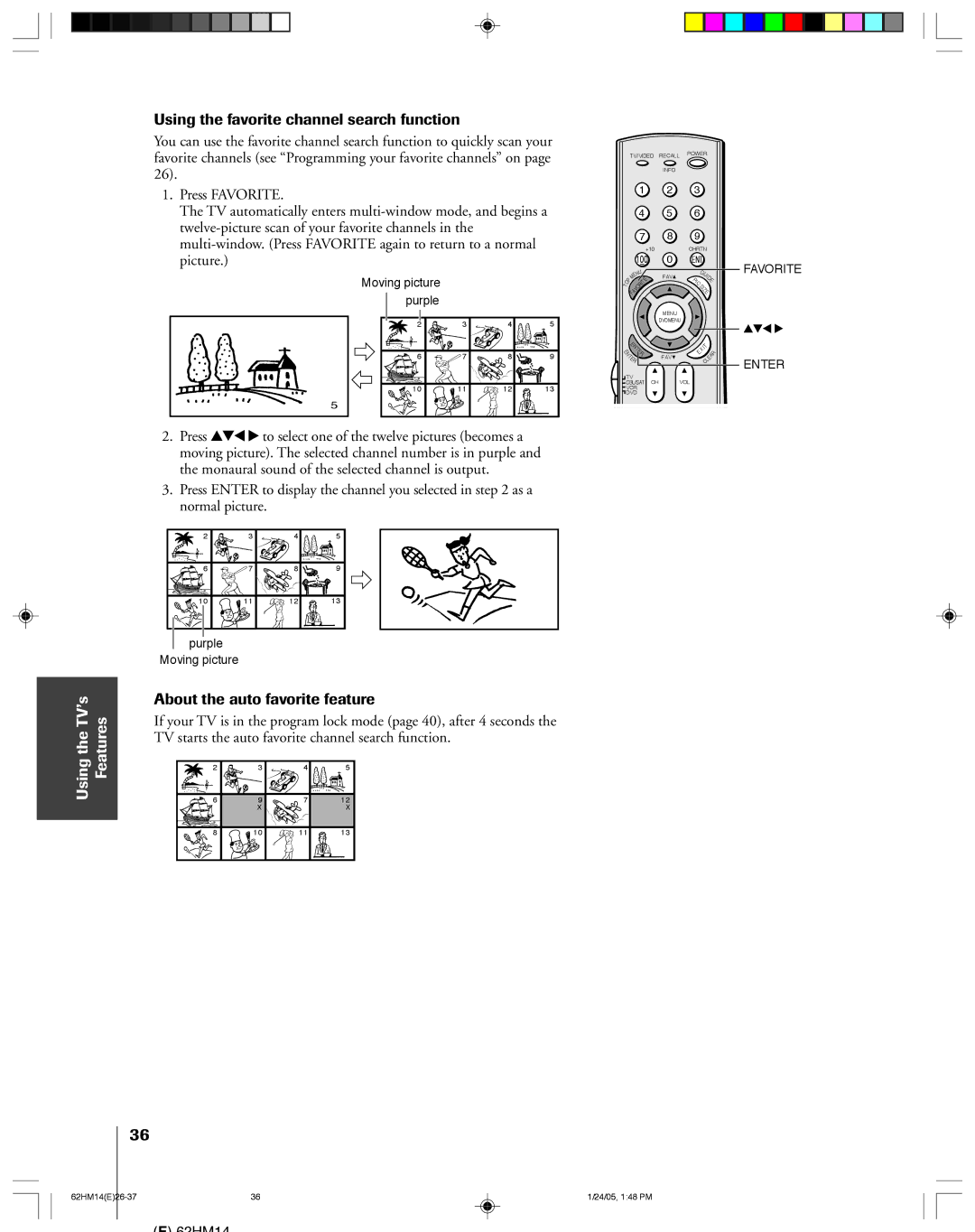 Toshiba 62HM14, DLPTM owner manual Using the favorite channel search function, About the auto favorite feature 