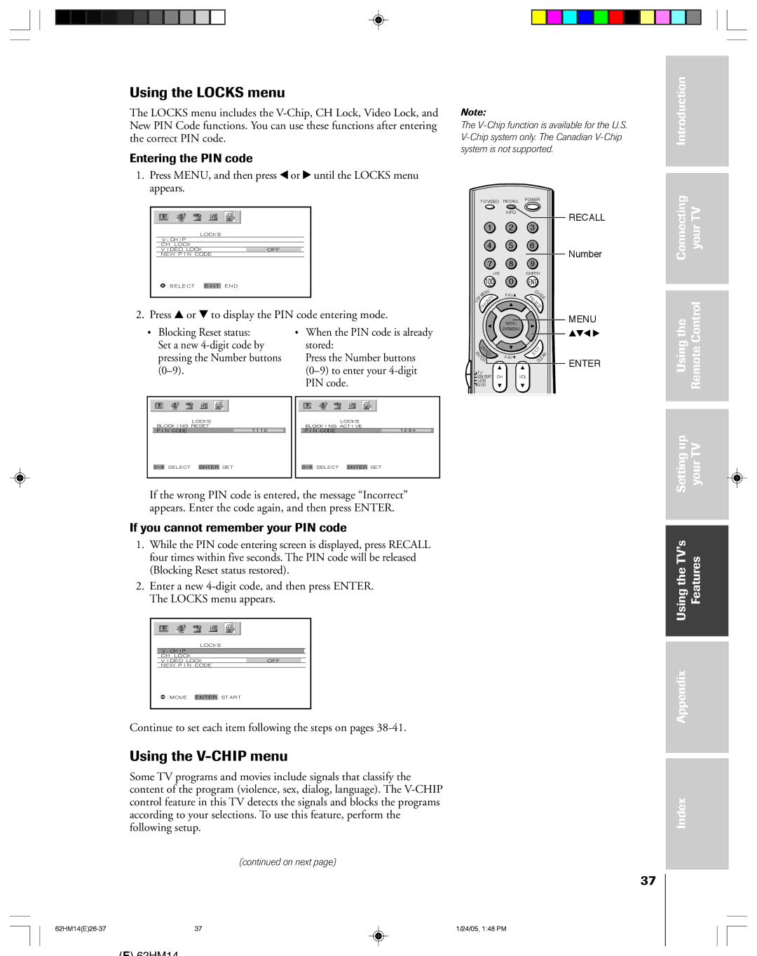 Toshiba DLPTM Using the Locks menu, Using the V-CHIP menu, Entering the PIN code, If you cannot remember your PIN code 