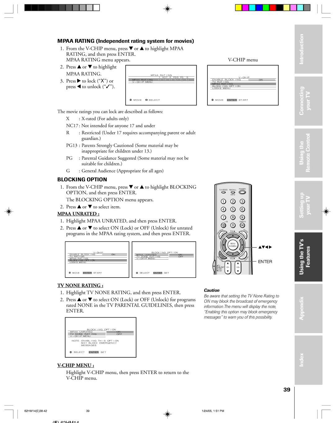 Toshiba DLPTM Mpaa Rating Independent rating system for movies, Settingup YourTV UsingtheTV’s Features Appendix Index 