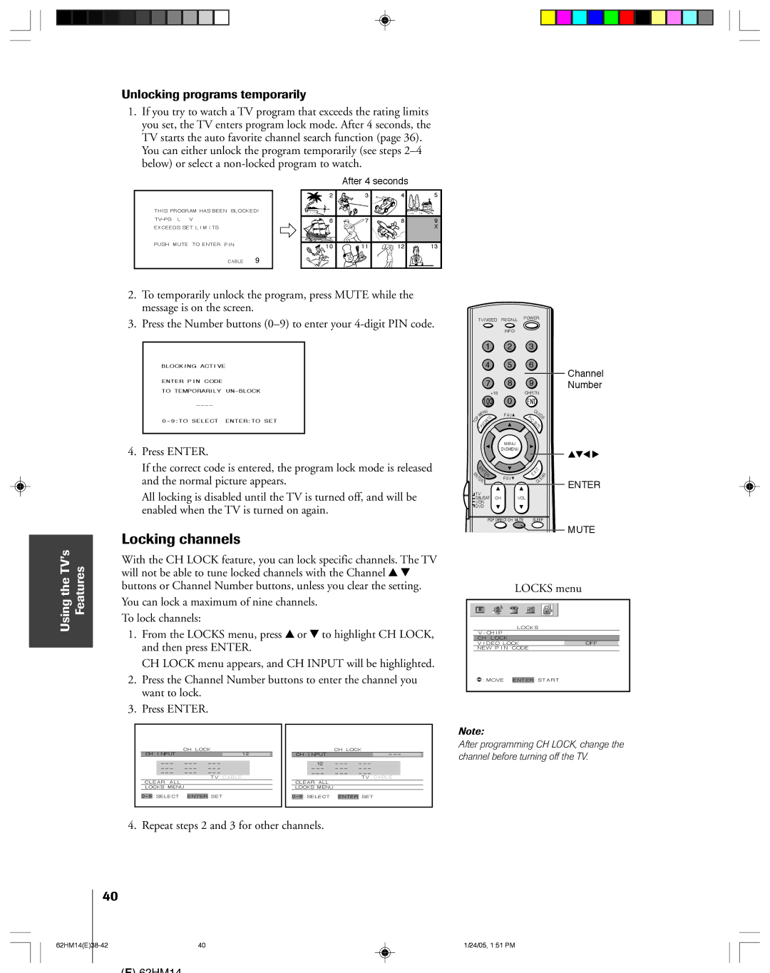 Toshiba 62HM14 Locking channels, Unlocking programs temporarily, Locks menu, Repeat steps 2 and 3 for other channels 