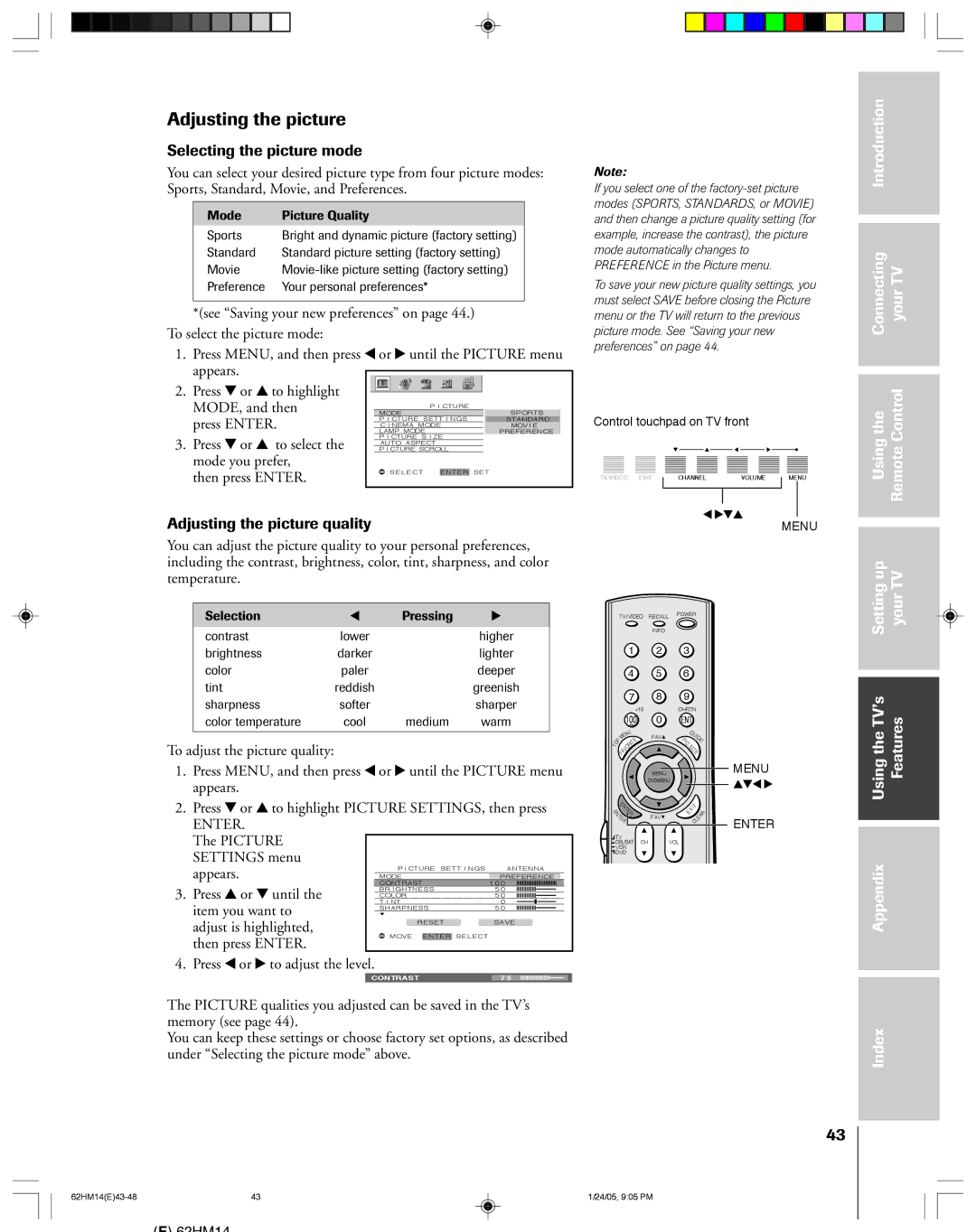 Toshiba DLPTM, 62HM14 owner manual Selecting the picture mode, Adjusting the picture quality 