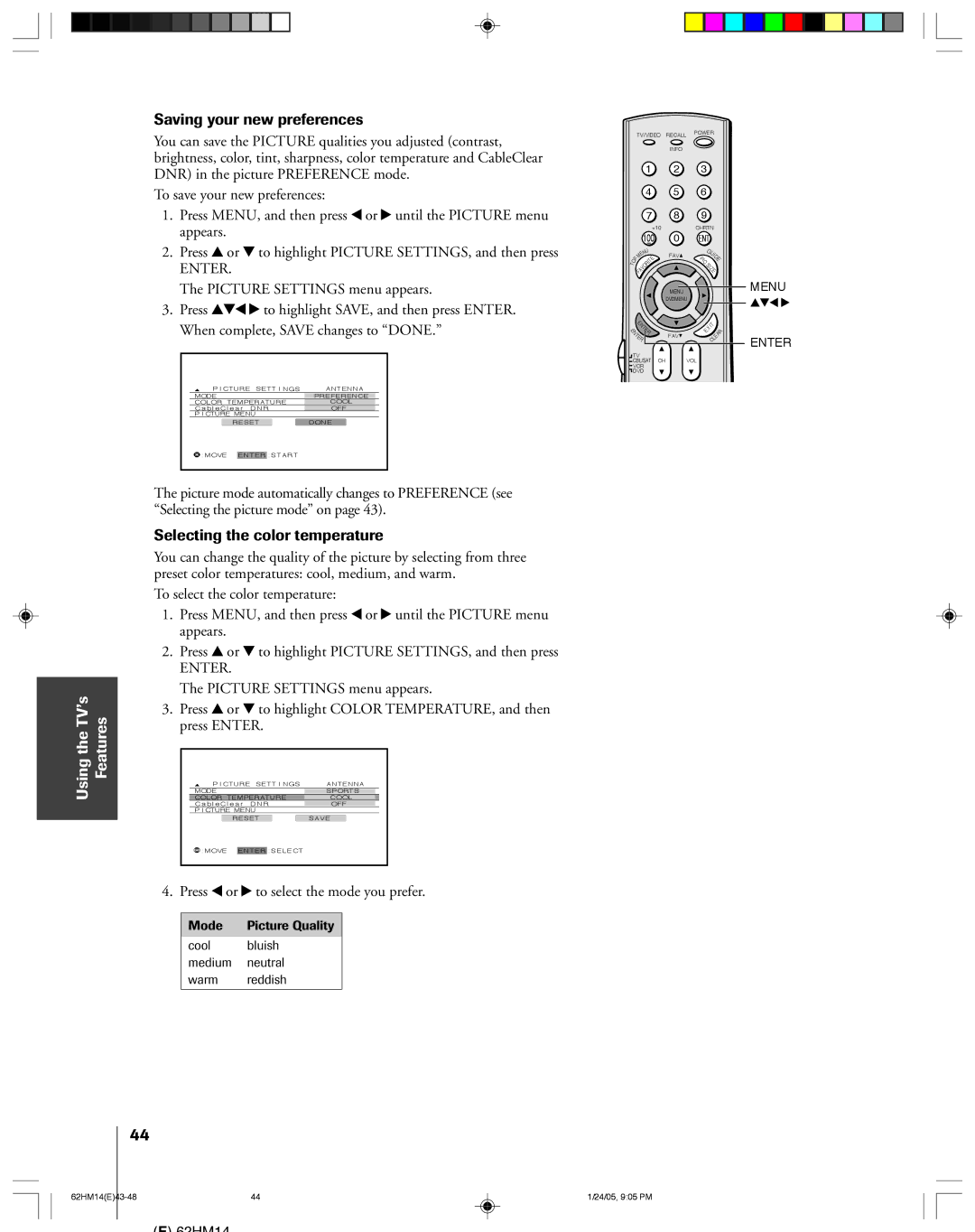 Toshiba 62HM14 Saving your new preferences, Selecting the color temperature, Press x or to select the mode you prefer 