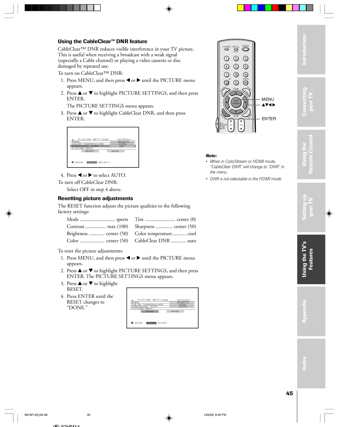 Toshiba DLPTM, 62HM14 owner manual Using the CableClear DNR feature, Resetting picture adjustments, Done 