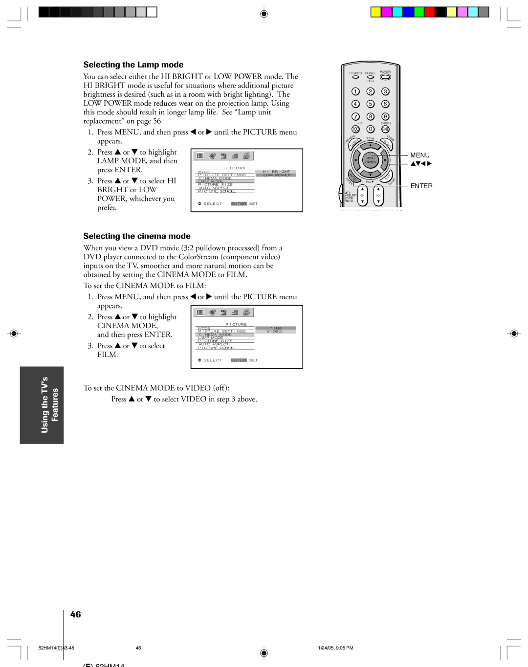 Toshiba 62HM14, DLPTM Selecting the Lamp mode, Selecting the cinema mode, Cinema Mode, Press y or z to select, Film 