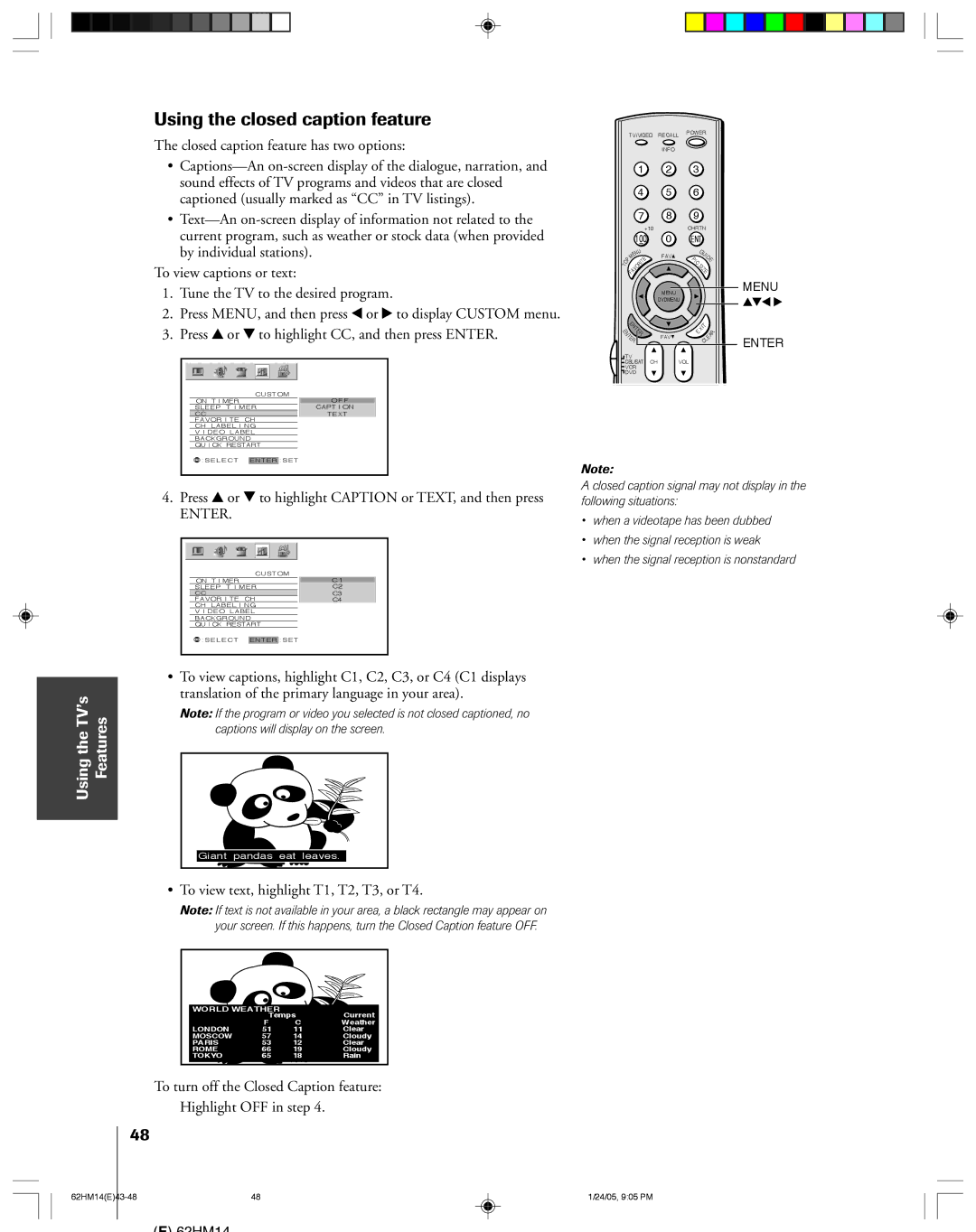 Toshiba 62HM14, DLPTM Using the closed caption feature, Press y or z to highlight Caption or TEXT, and then press 