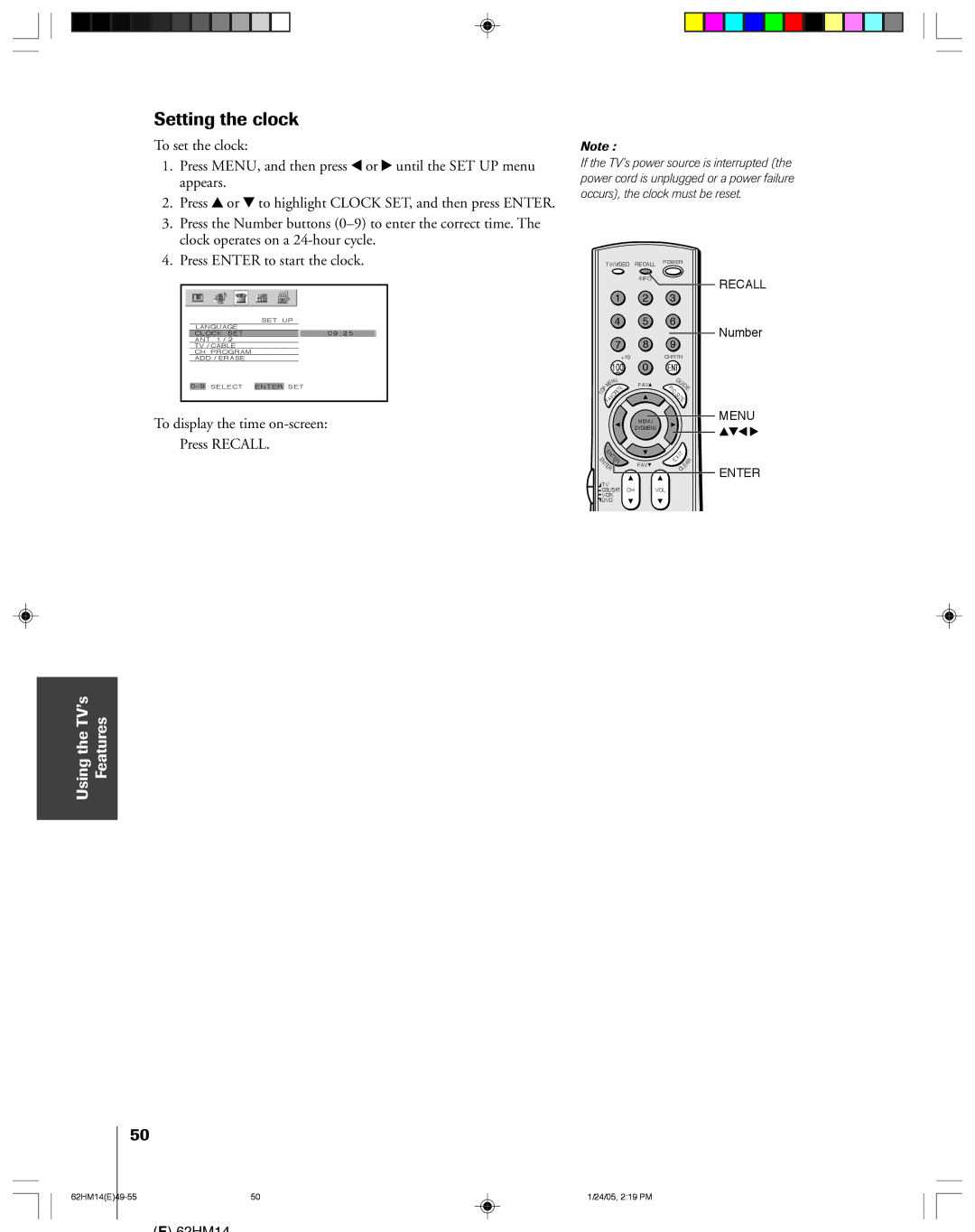 Toshiba 62HM14, DLPTM owner manual Setting the clock, To display the time on-screen Press Recall 