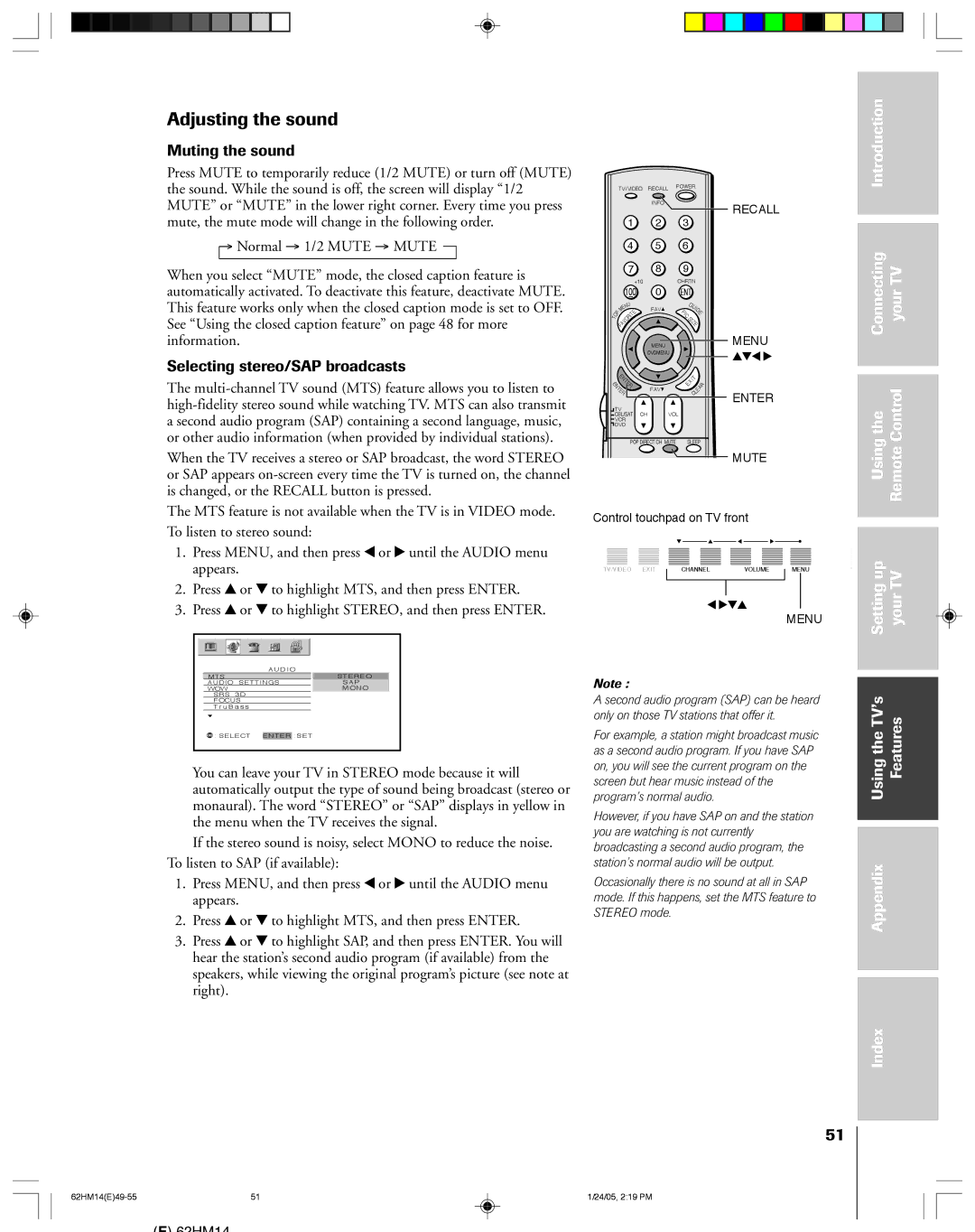 Toshiba DLPTM, 62HM14 owner manual Adjusting the sound, Muting the sound, Selecting stereo/SAP broadcasts 