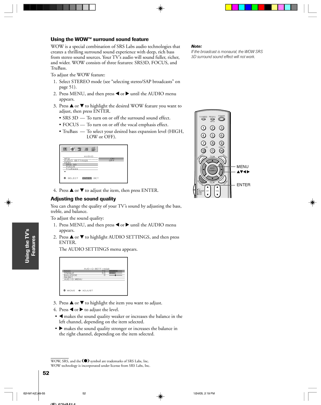 Toshiba 62HM14, DLPTM Using the WOW surround sound feature, Adjusting the sound quality, Audio Settings menu appears 