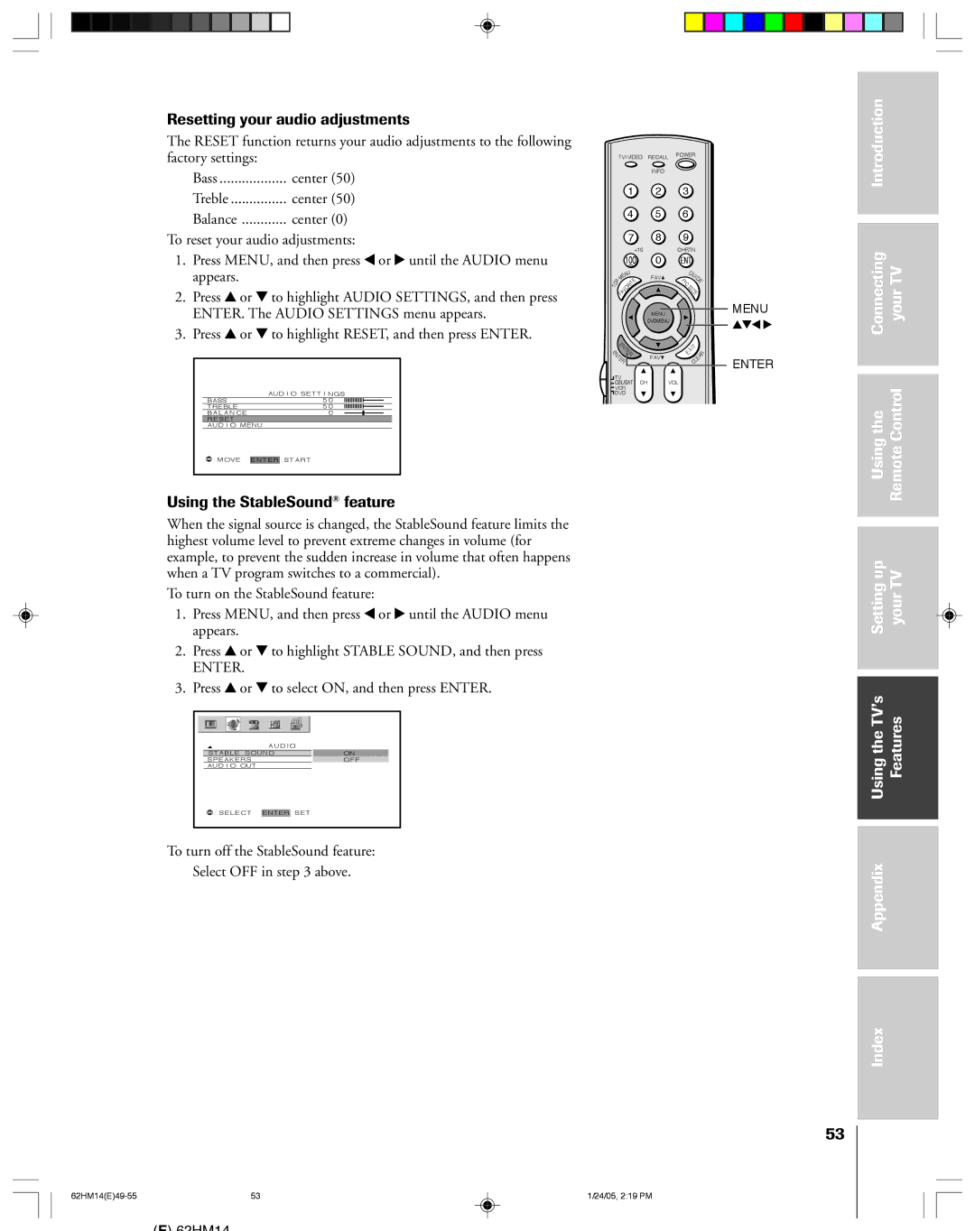 Toshiba DLPTM, 62HM14 owner manual Resetting your audio adjustments, Using the StableSound feature 