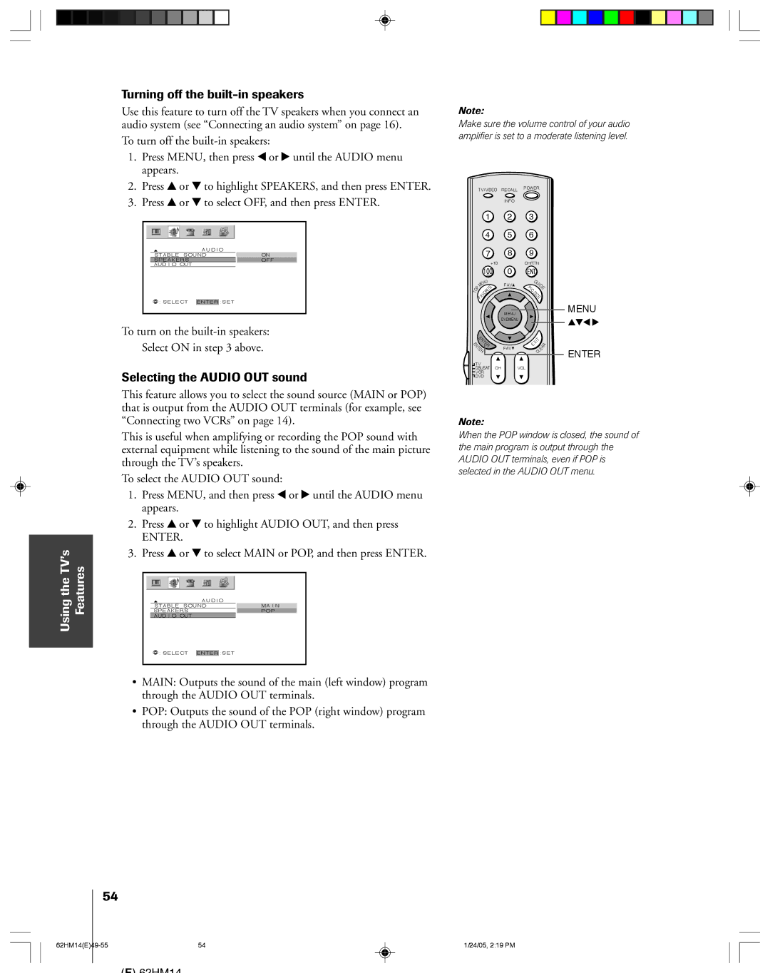 Toshiba 62HM14, DLPTM owner manual Turning off the built-in speakers, Selecting the Audio OUT sound 